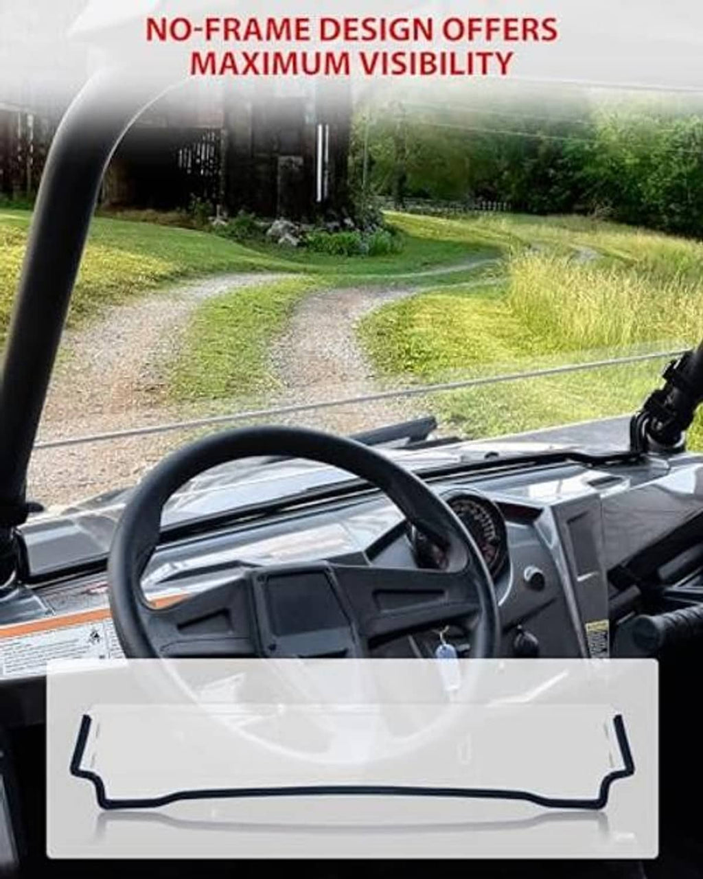 UTV no-frame style half windshield with clear panel and mounting hardware