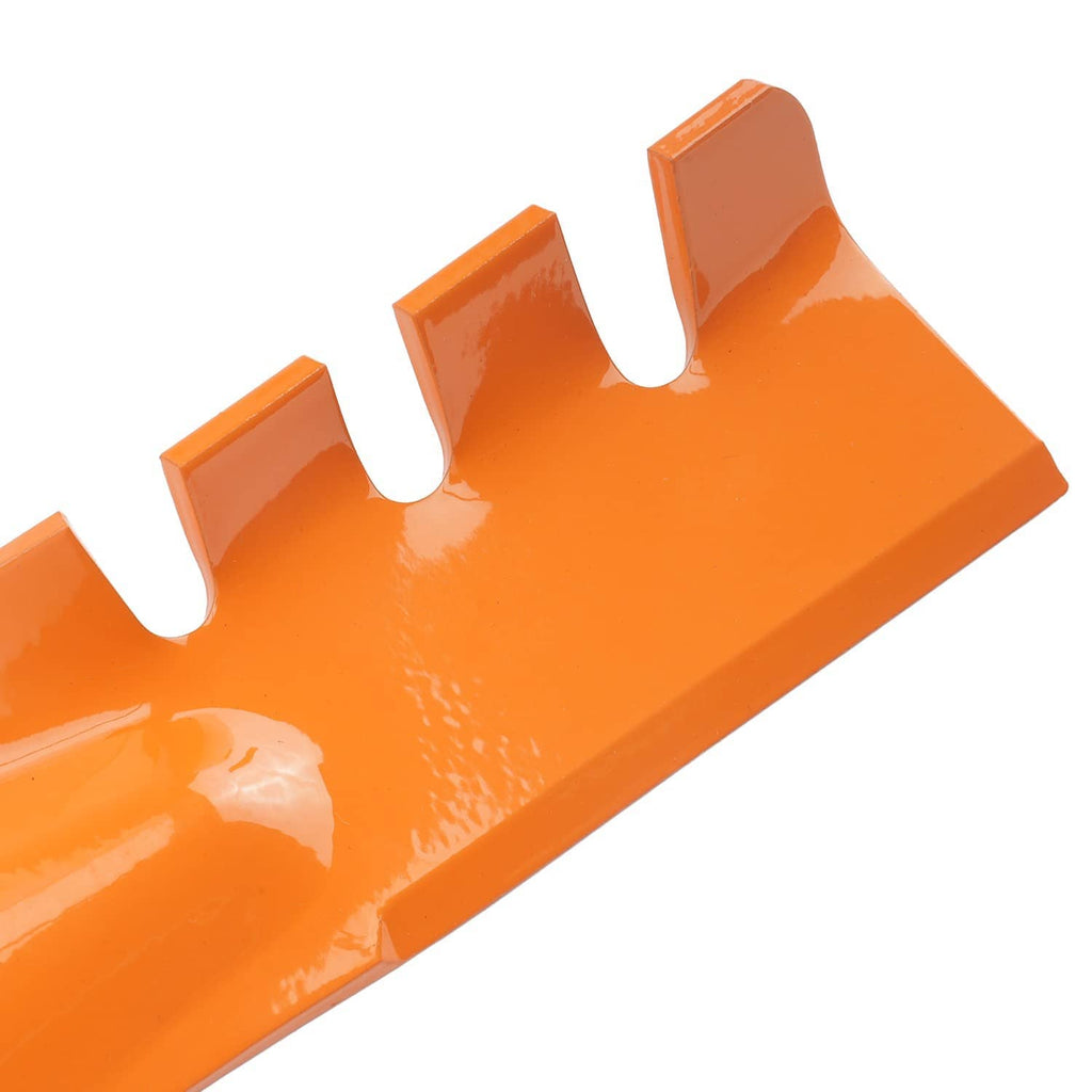 Orange steel mulching blade edge with lift tabs and serrated deck notches