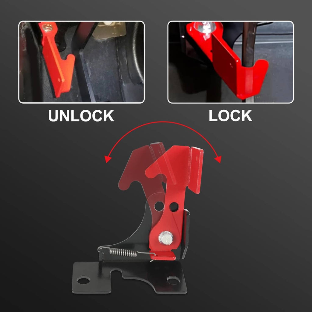 Red and black parking brake spring mechanism on base plate with mounting holes