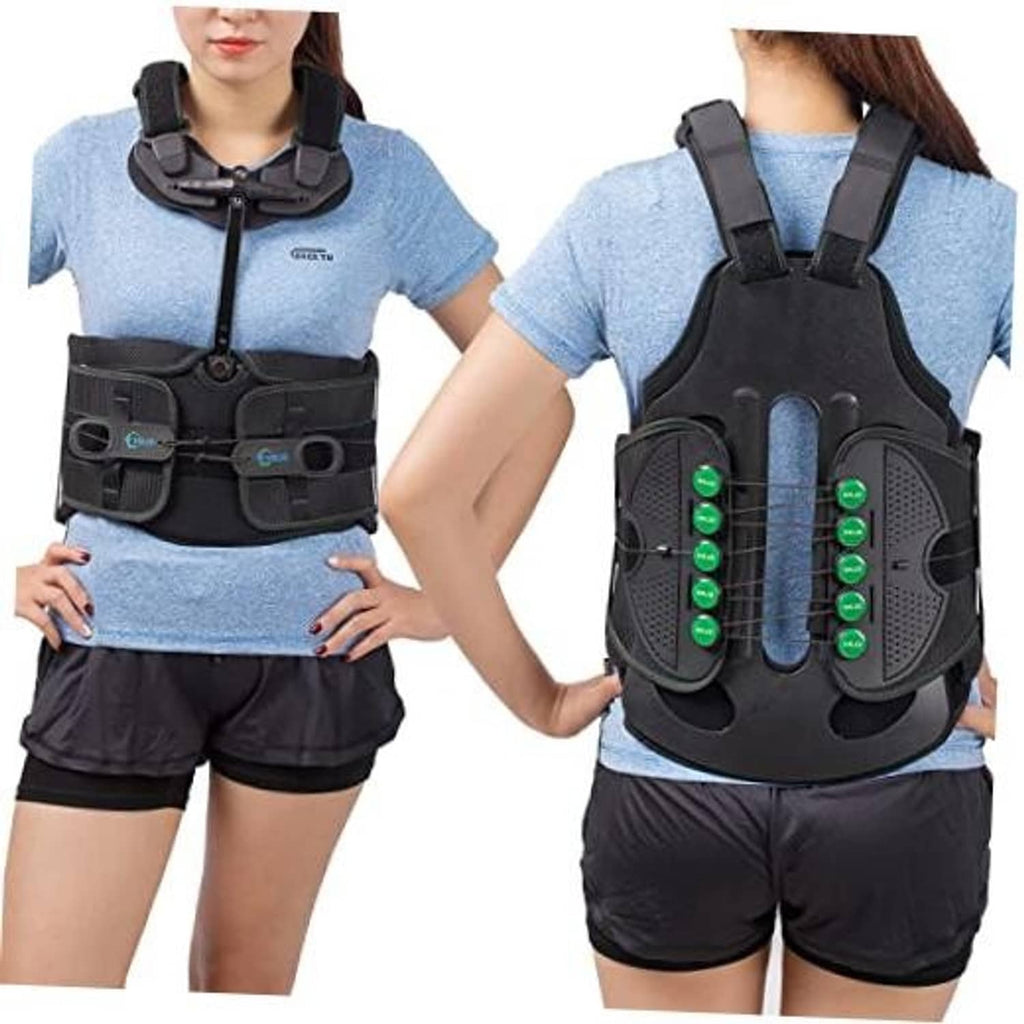 Black thoracic back brace with adjustable shoulder straps and front support panel worn on torso