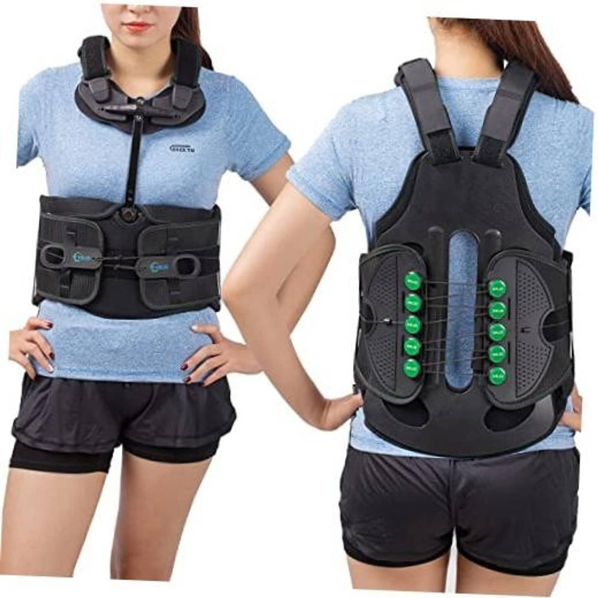 Black thoracic back brace with adjustable shoulder straps and front support panel worn on torso
