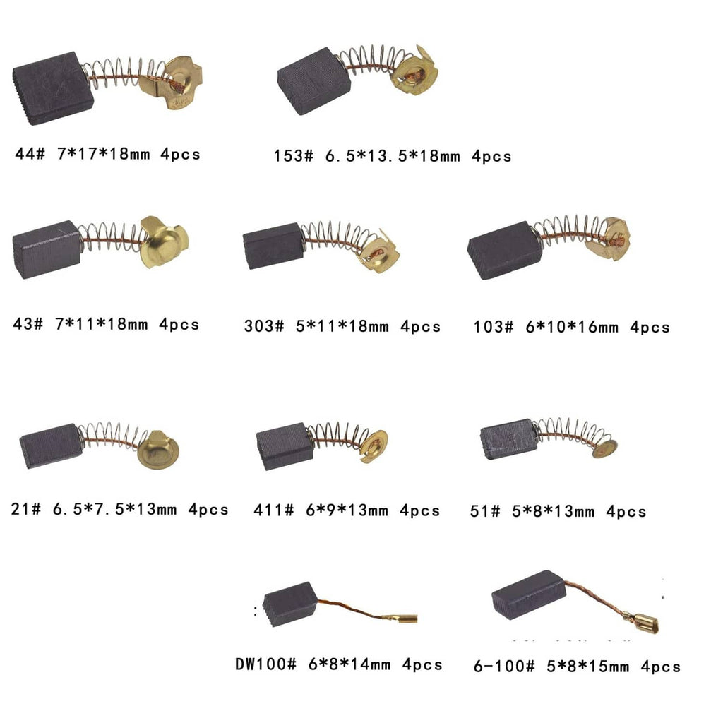 Assorted black carbon brushes with gold spring clips, multiple sizes