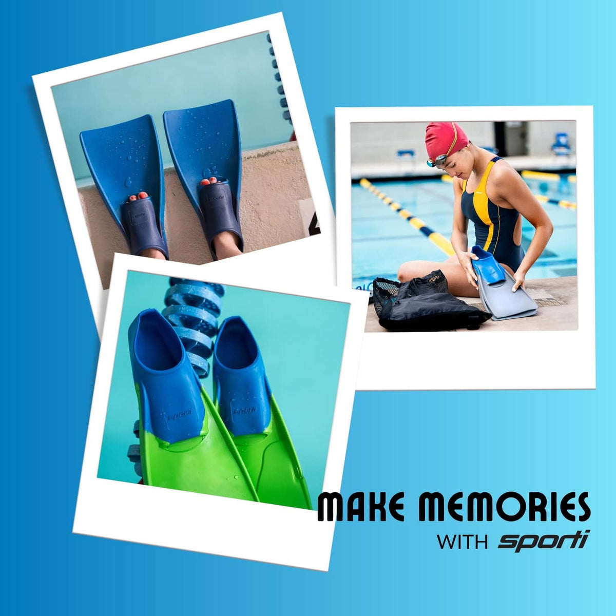 Sporti swim fins collage featuring blue and green fin styles