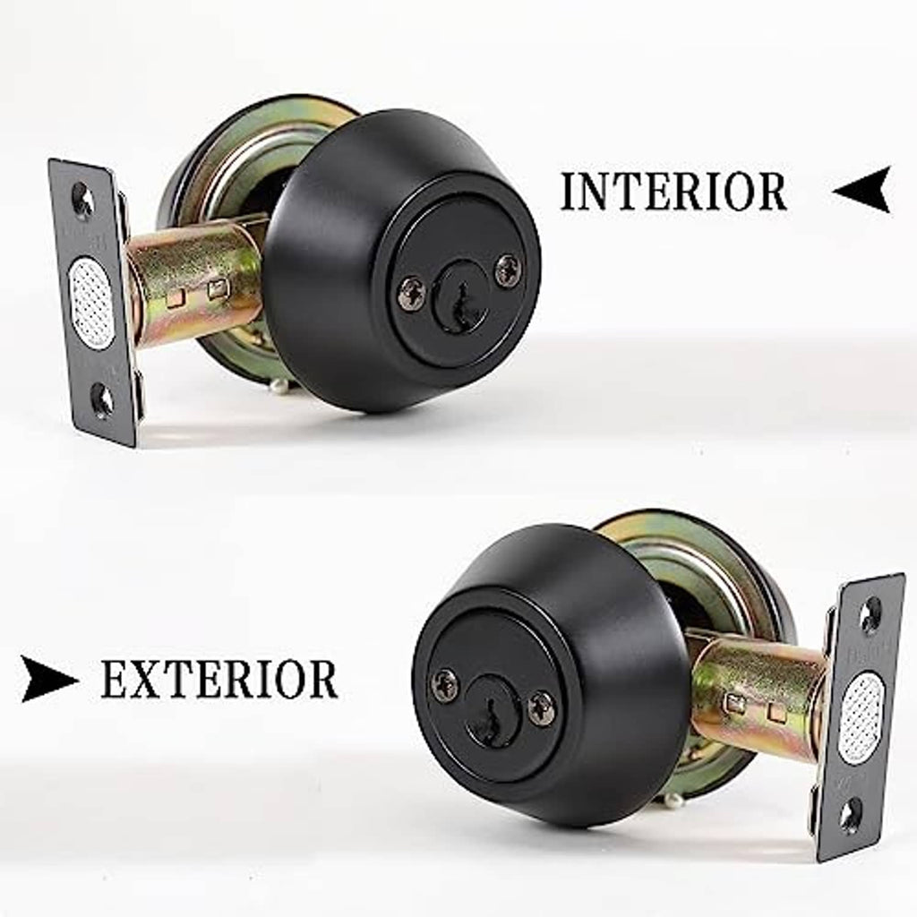 Black keyed deadbolt lock with exterior and interior sides, round knob and metal plates