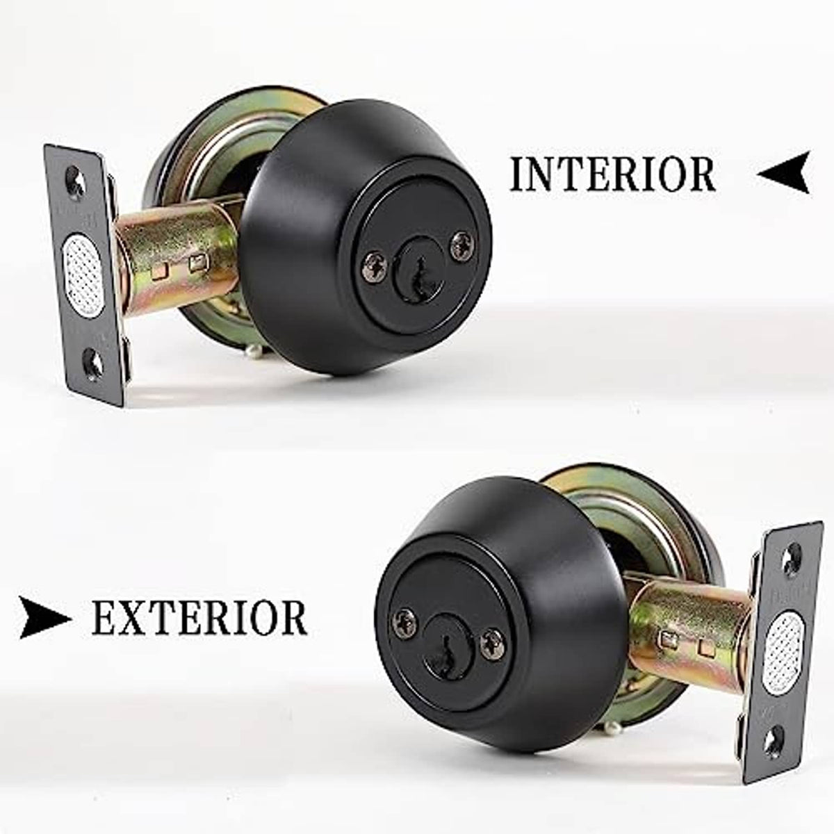 Black keyed deadbolt lock with exterior and interior sides, round knob and metal plates