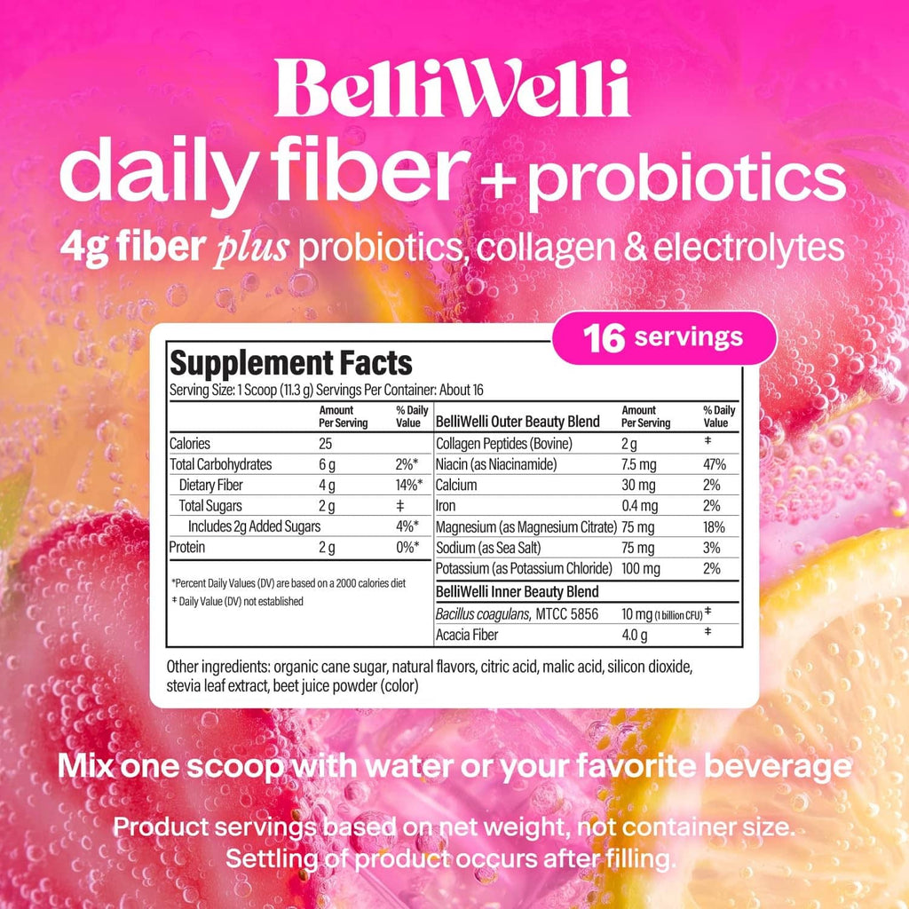 Back label supplement facts panel on pink BelliWelli daily fiber + probiotics jar