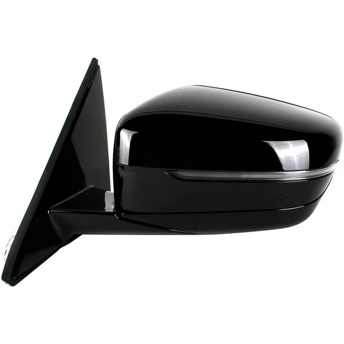 Black left driver-side door mirror with glossy housing and integrated blind-spot indicator.