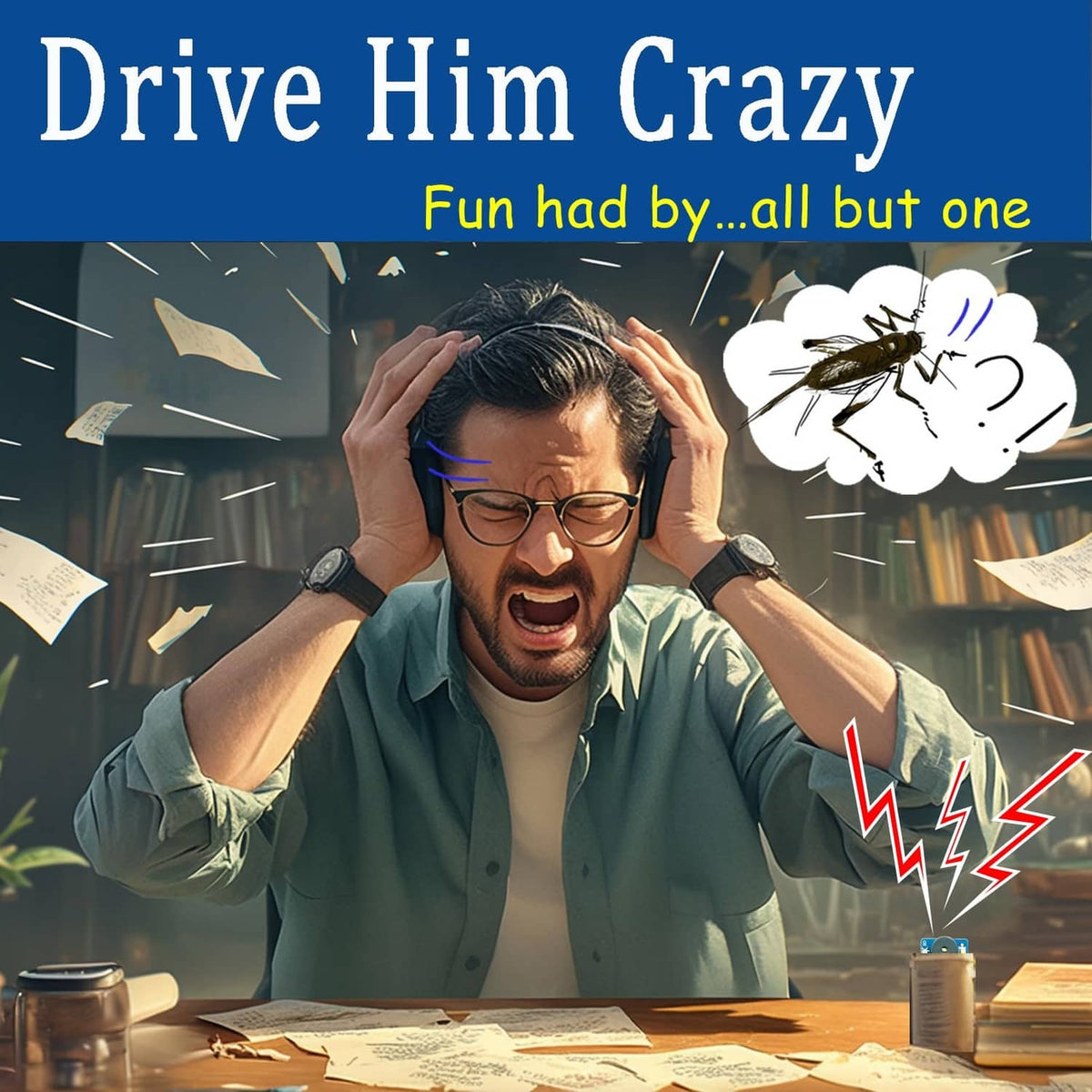 Cricket noise maker prank concept: man wearing headphones, surprised at desk