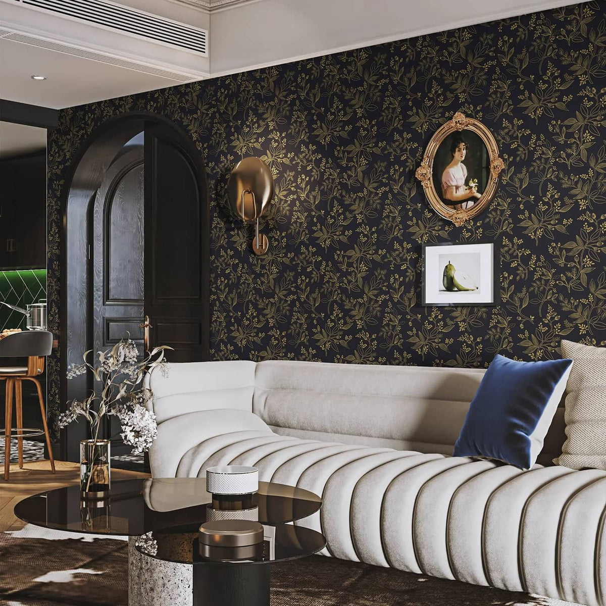 Black and gold botanical wallpaper with dense leaf vines covering the wall