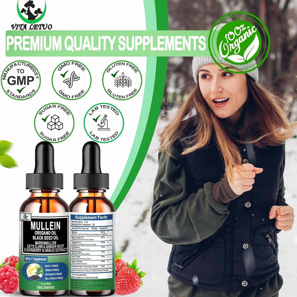 Mullein supplement bottles with two droppers, premium organic supplement quality badges