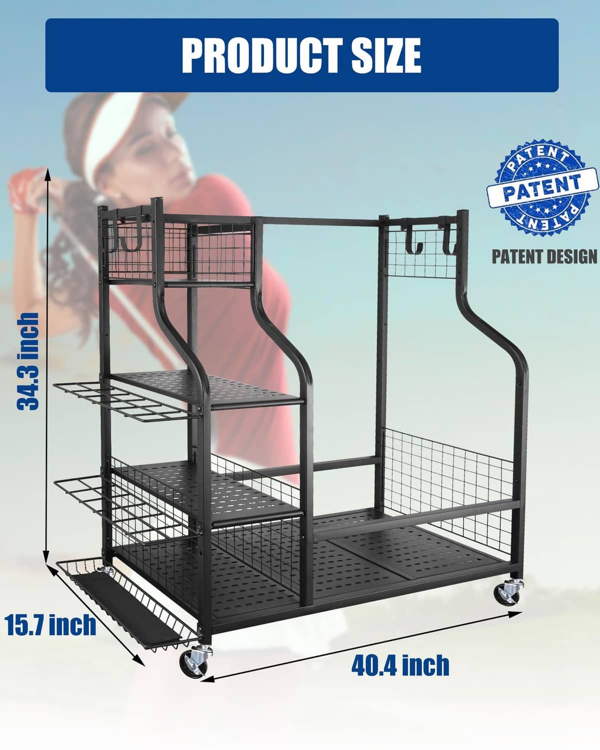 Golf storage rack frame with perforated shelves and front ramp, mounted on caster wheels.