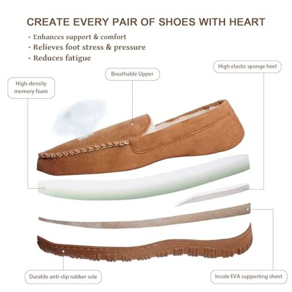 Beige suede-look moccasin slippers with stitched seams and anti-slip rubber outsole