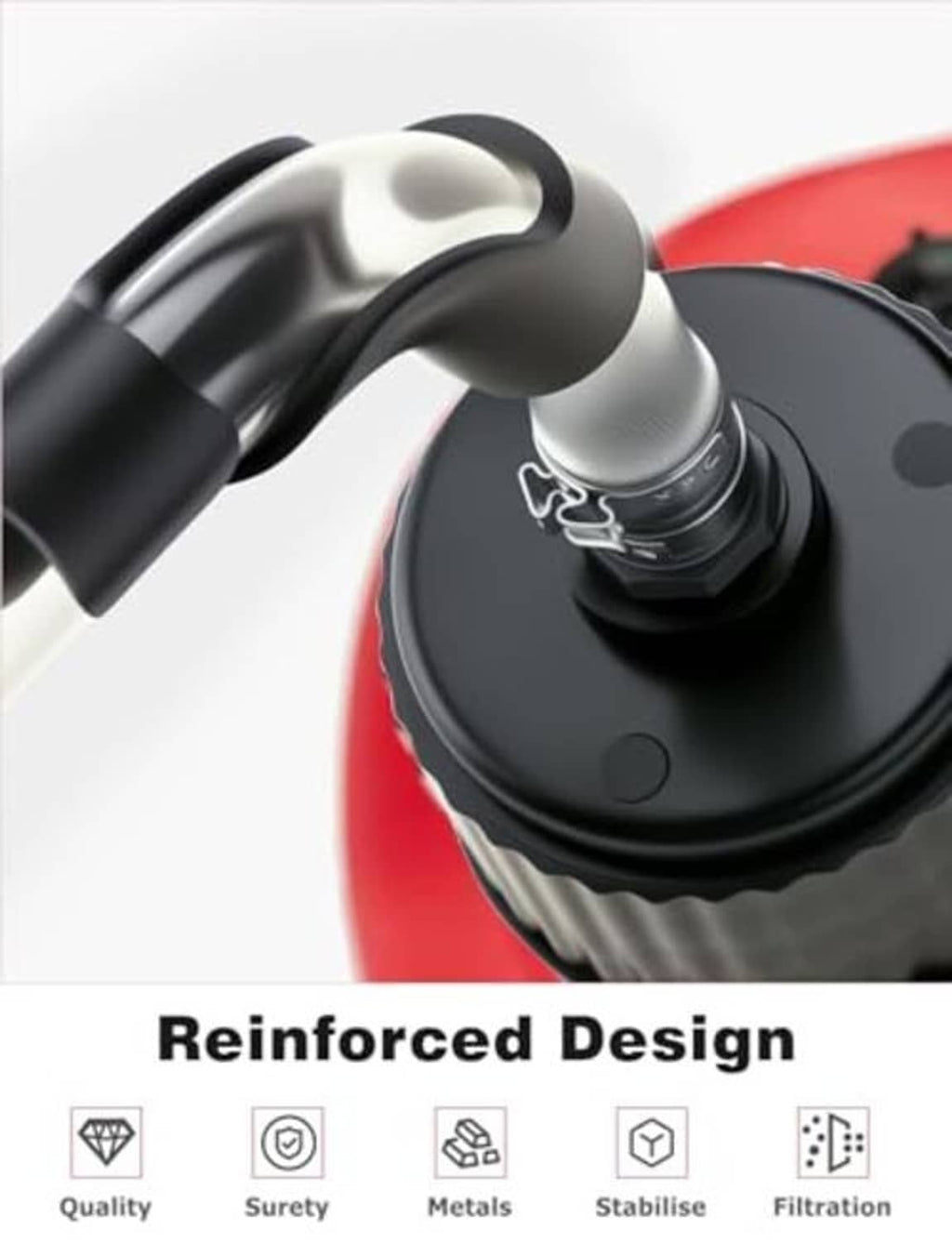 Reinforced black fuel hose bender connected on red fuel jug cap