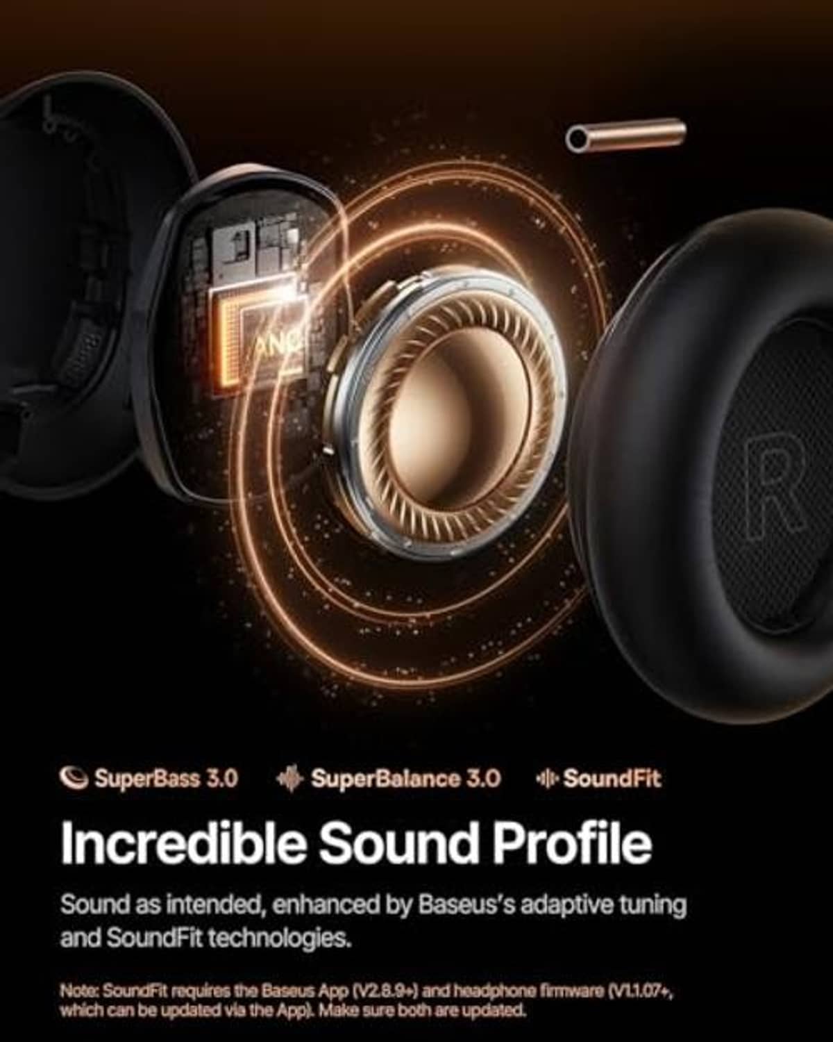 Black over-ear wireless headphones with visible earcup driver opening detail