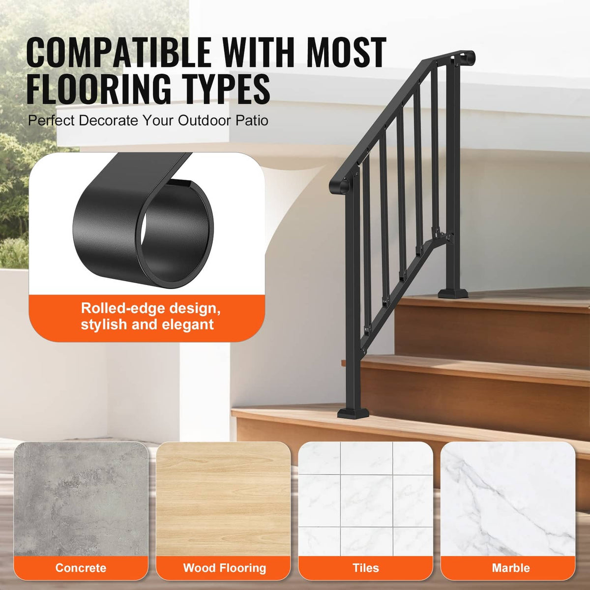 Black retro-arch outdoor stair handrail with rolled-edge rail and vertical balusters