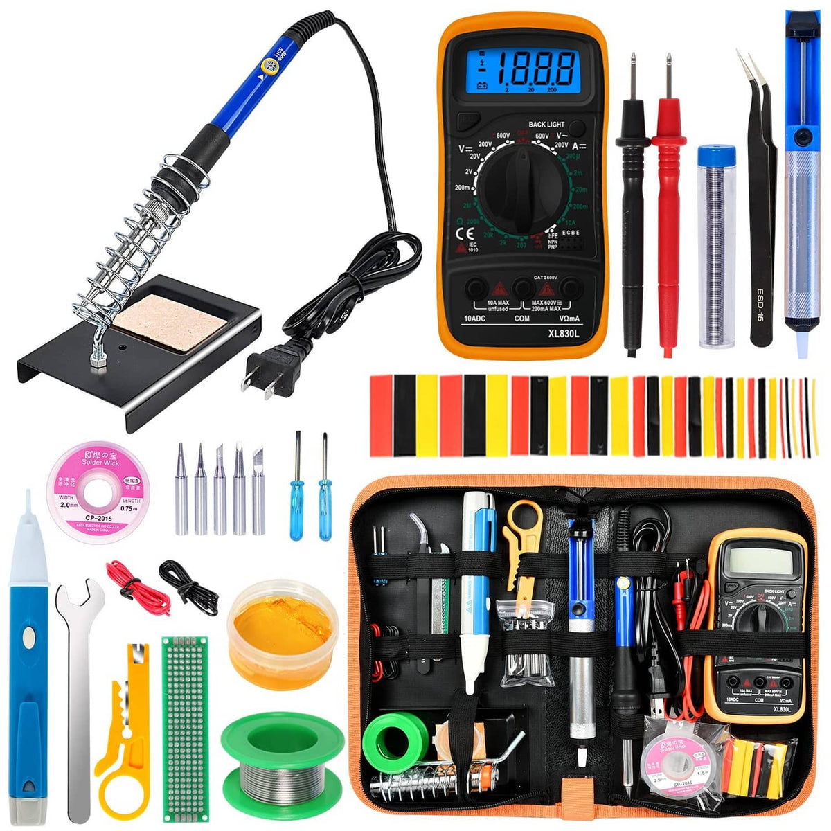 Soldering iron kit with blue iron, orange digital multimeter, tips, and tools