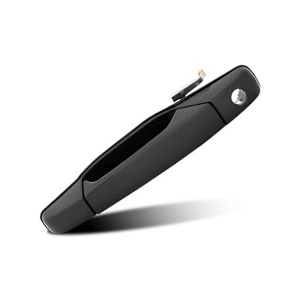 Black front driver-side exterior door handle, smooth black housing