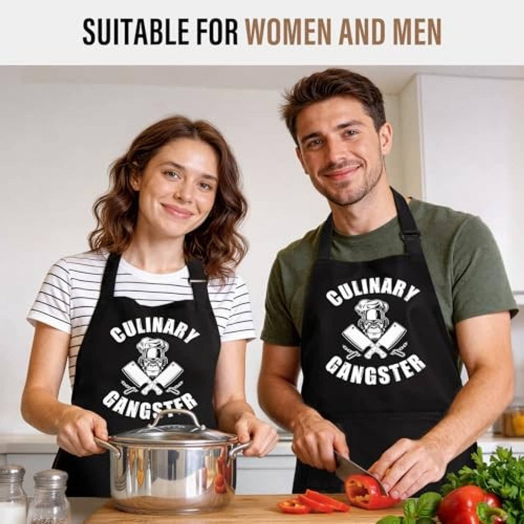 Matching black cooking aprons with 'Culinary Gangster' logos on two people
