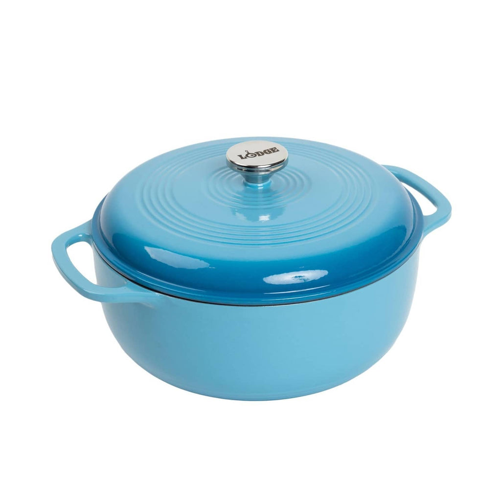 Cornflower blue enameled cast iron Dutch oven with lid and side handles