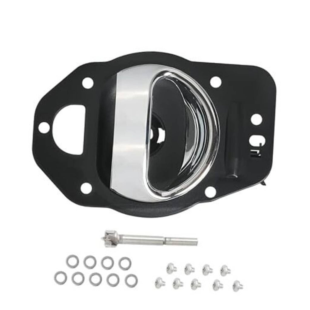 Interior door handle with chrome lever, black mounting plate, and included screws