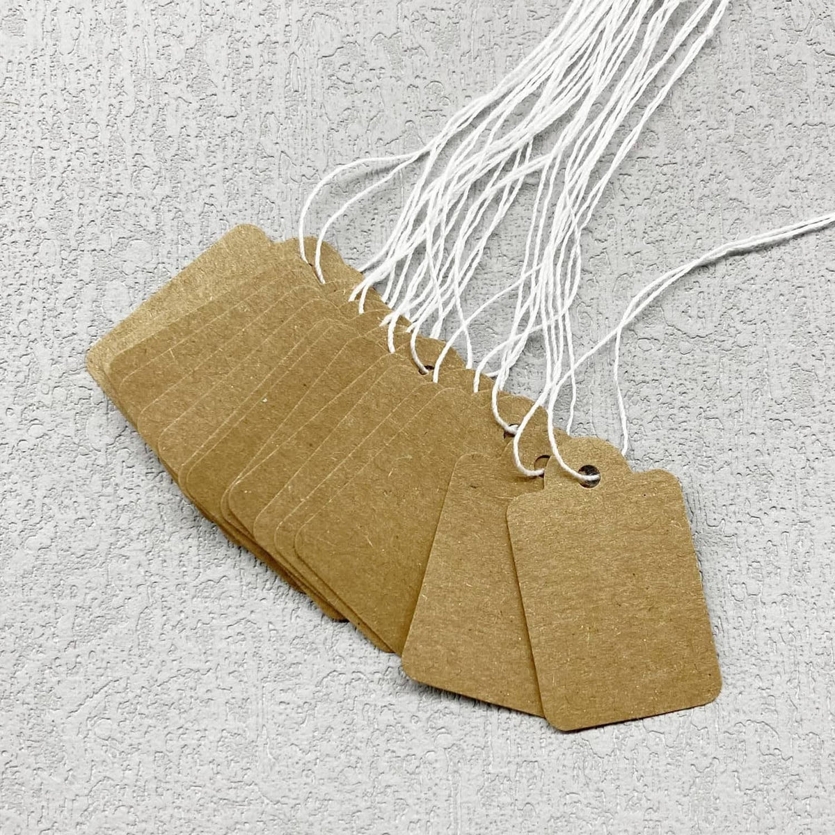 Brown kraft hang tags with string, close-up of layered labels and white tassel