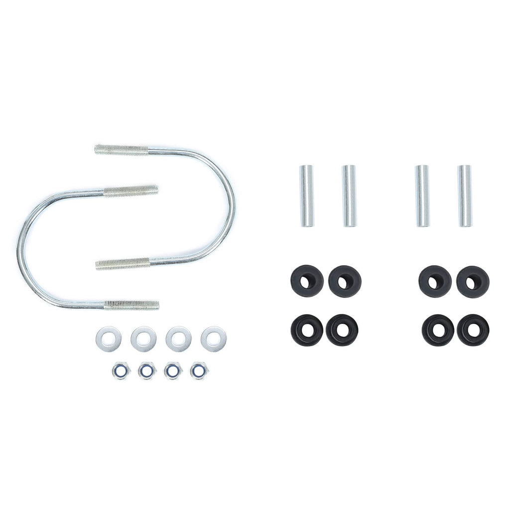 Rear leaf spring hardware set: U-bolt, bolts, washers, and rubber bushings