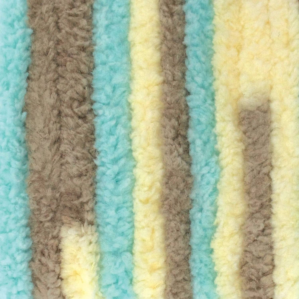 Chenille-style yarn with vertical stripes in aqua, cream, pale yellow, and brown