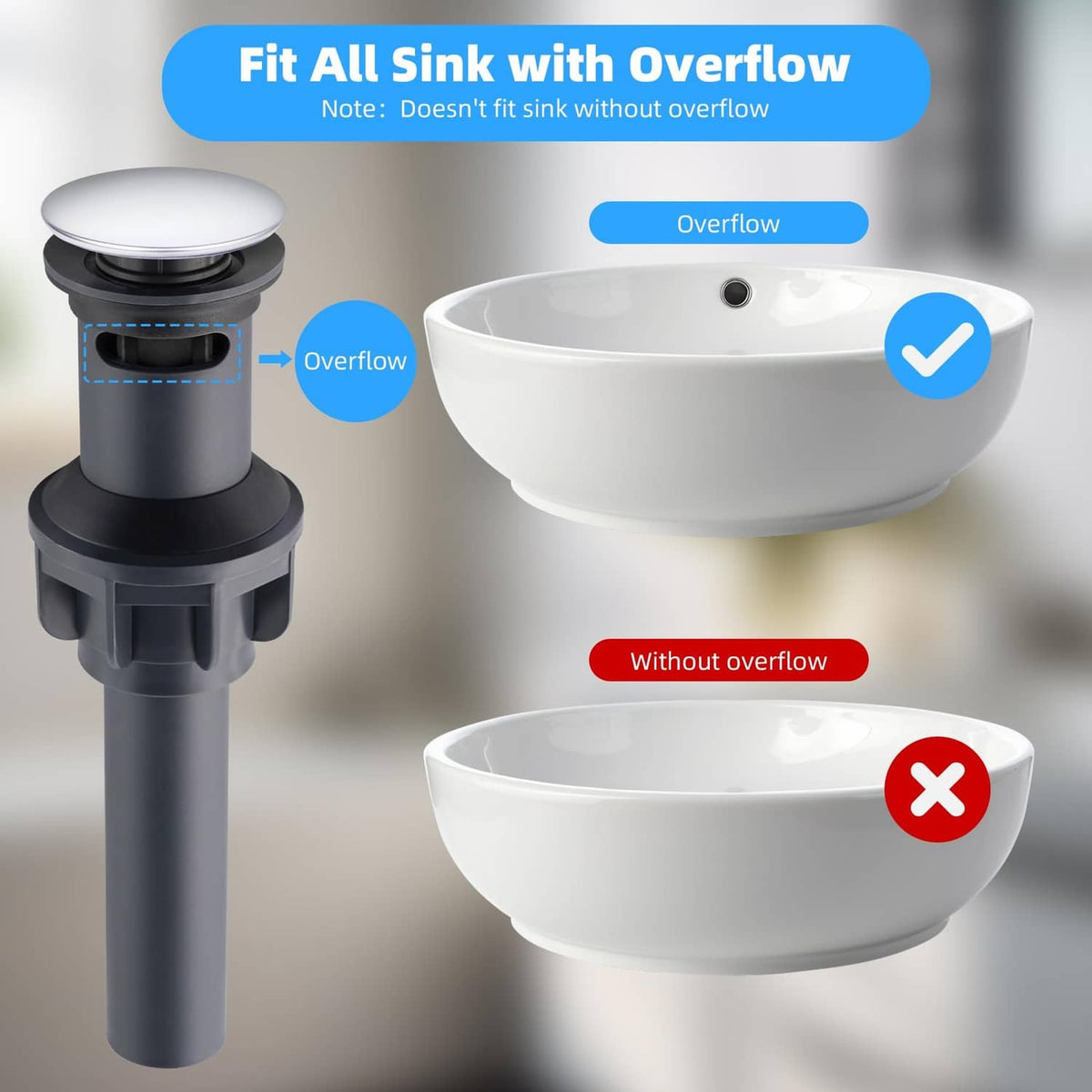 Universal bathroom sink drain with overflow, chrome stopper for matching overflow holes
