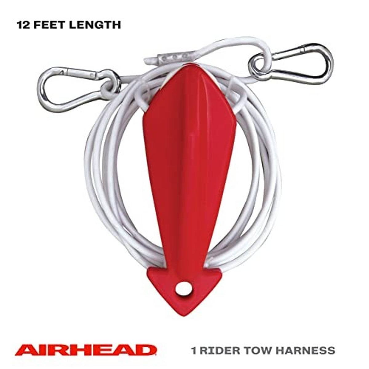 Red 1-rider tow harness with white cable coil and two silver snap hooks
