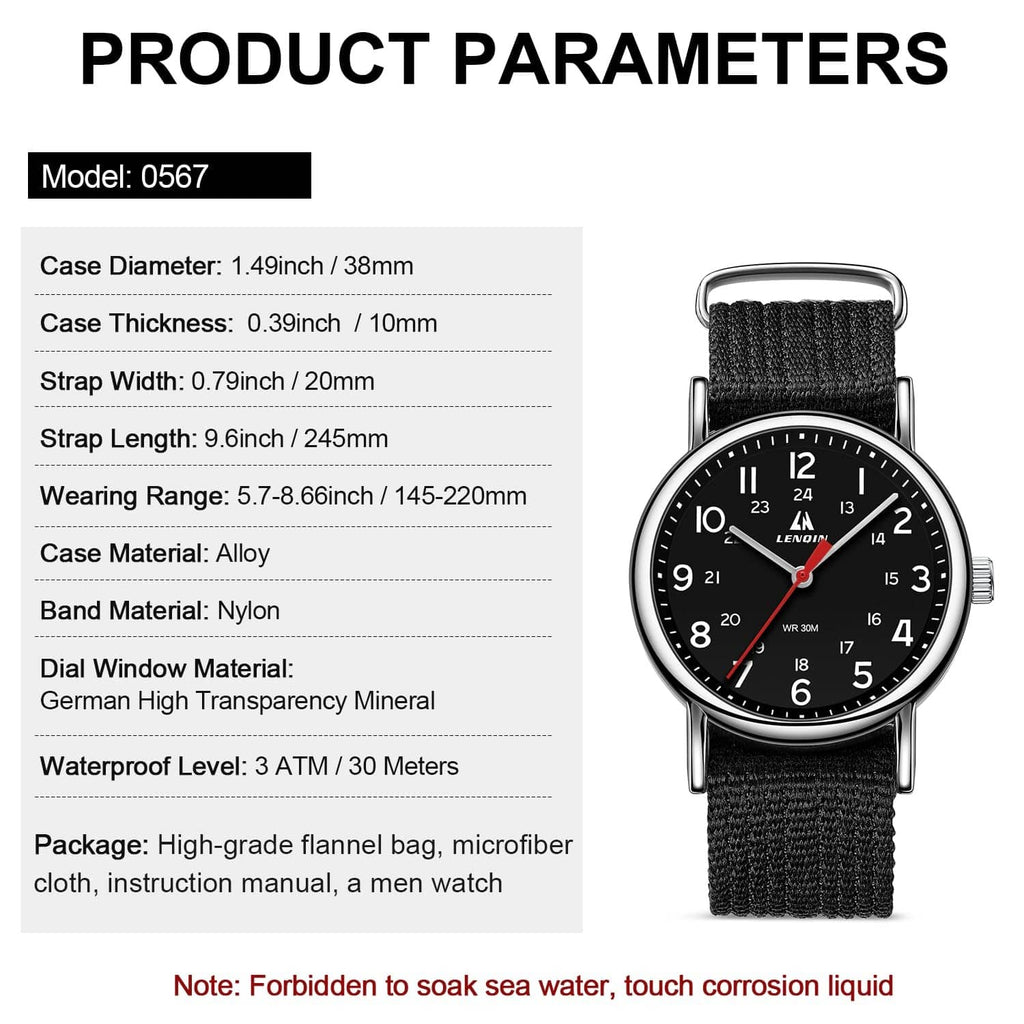 Men's analog sport watch with black dial and black nylon strap, silver case and crown