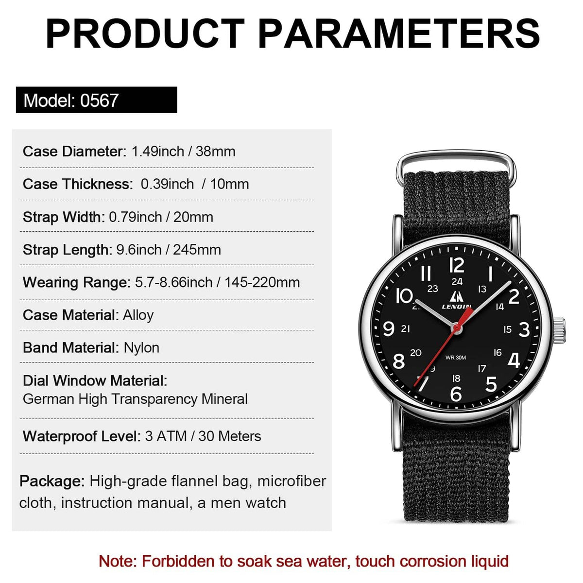 Men's analog sport watch with black dial and black nylon strap, silver case and crown