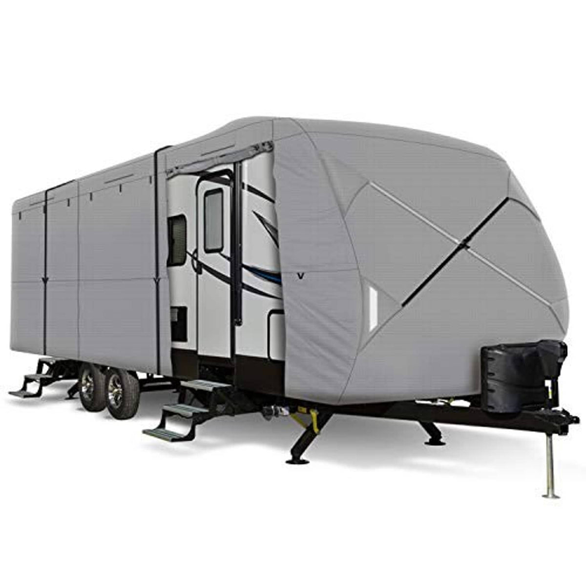 Grey travel trailer cover with cross-strap panel and front tie-down, angled view
