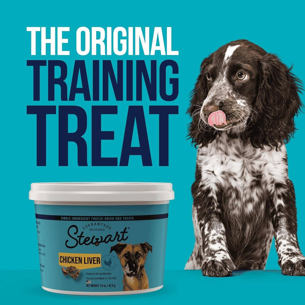 Chicken liver freeze-dried dog treats tub with dog posing for training
