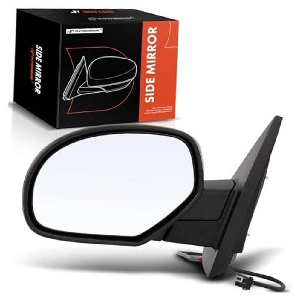 Left driver side black side view mirror with housing and wiring pigtail
