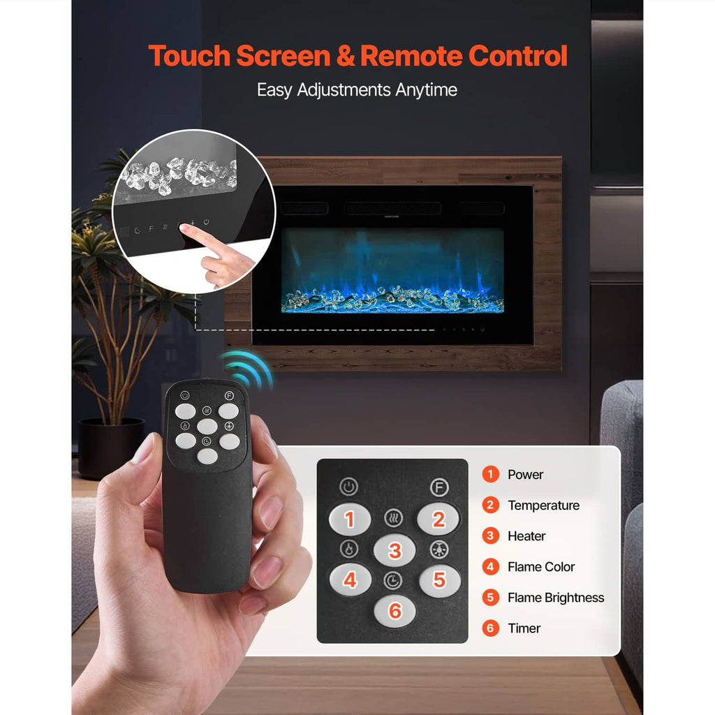 Electric fireplace with touch screen control area and handheld remote control