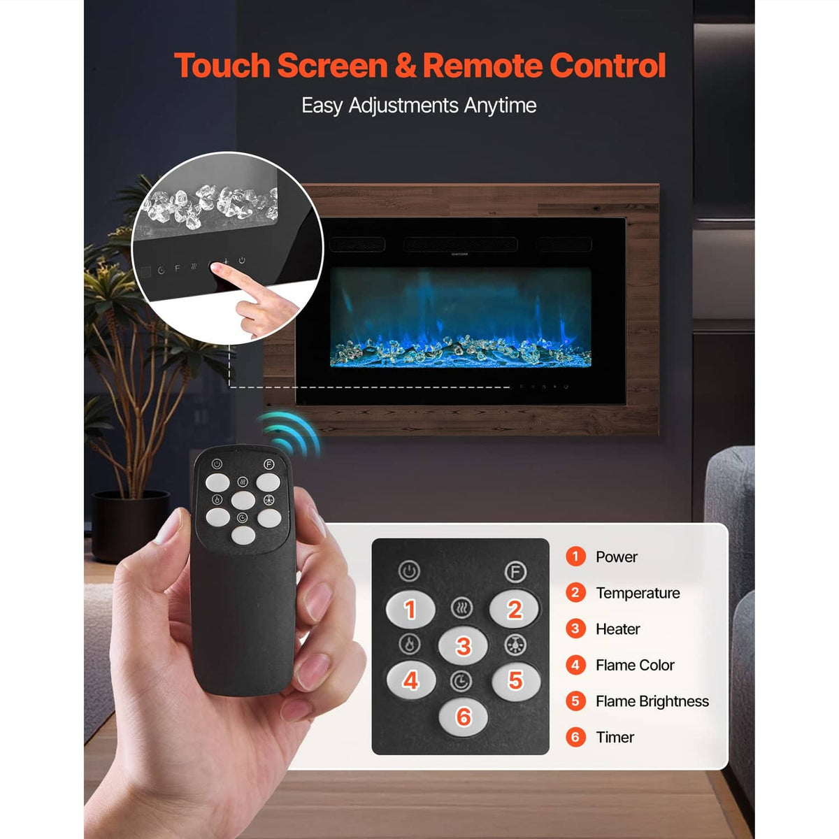 Electric fireplace with touch screen control area and handheld remote control