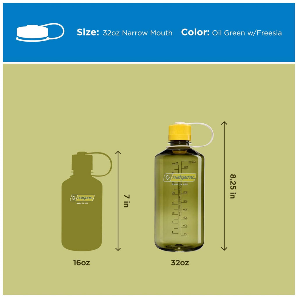 Oil green 32 oz narrow mouth bottle size and height diagram with yellow cap