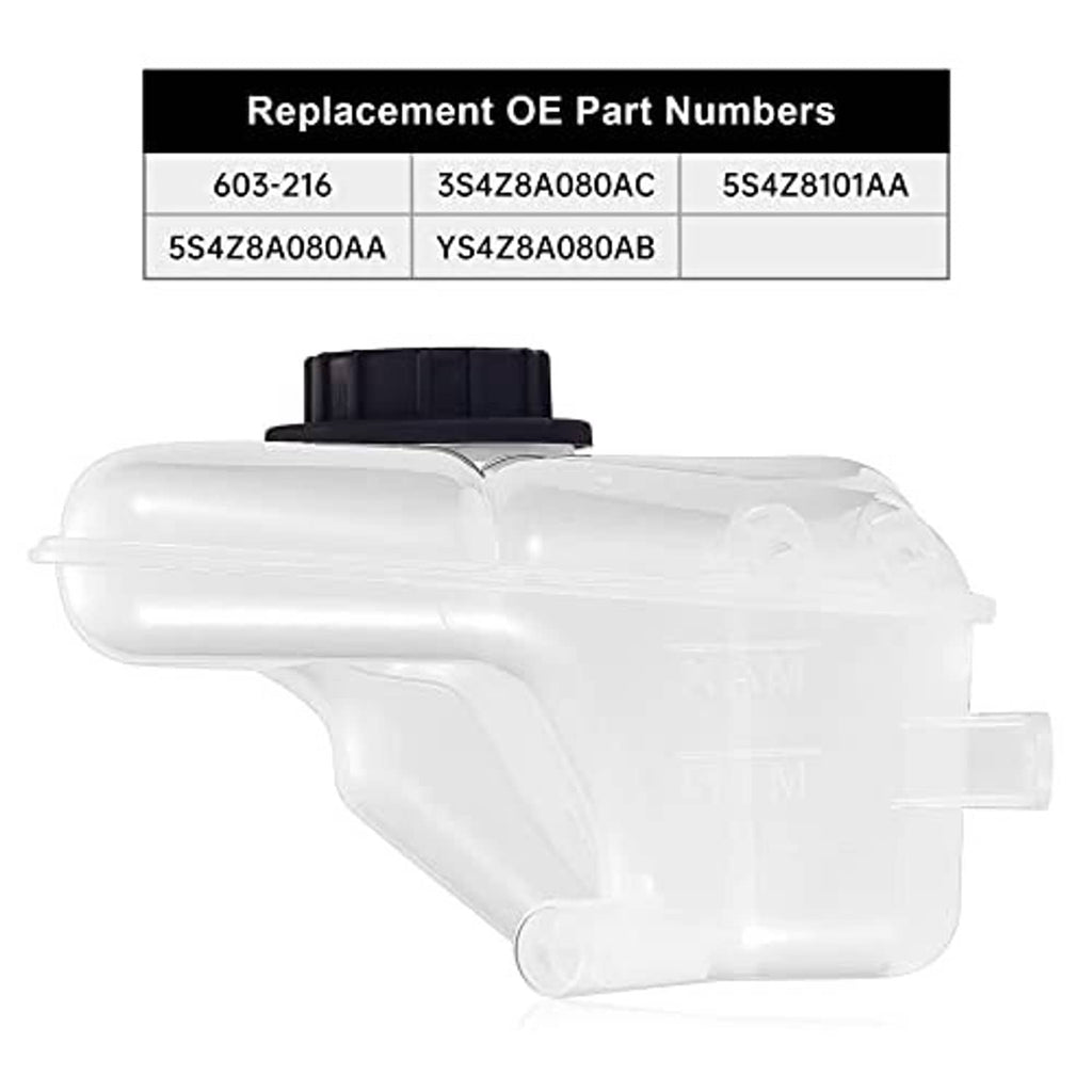 White coolant reservoir tank replacement with black cap; shows replacement OE part numbers