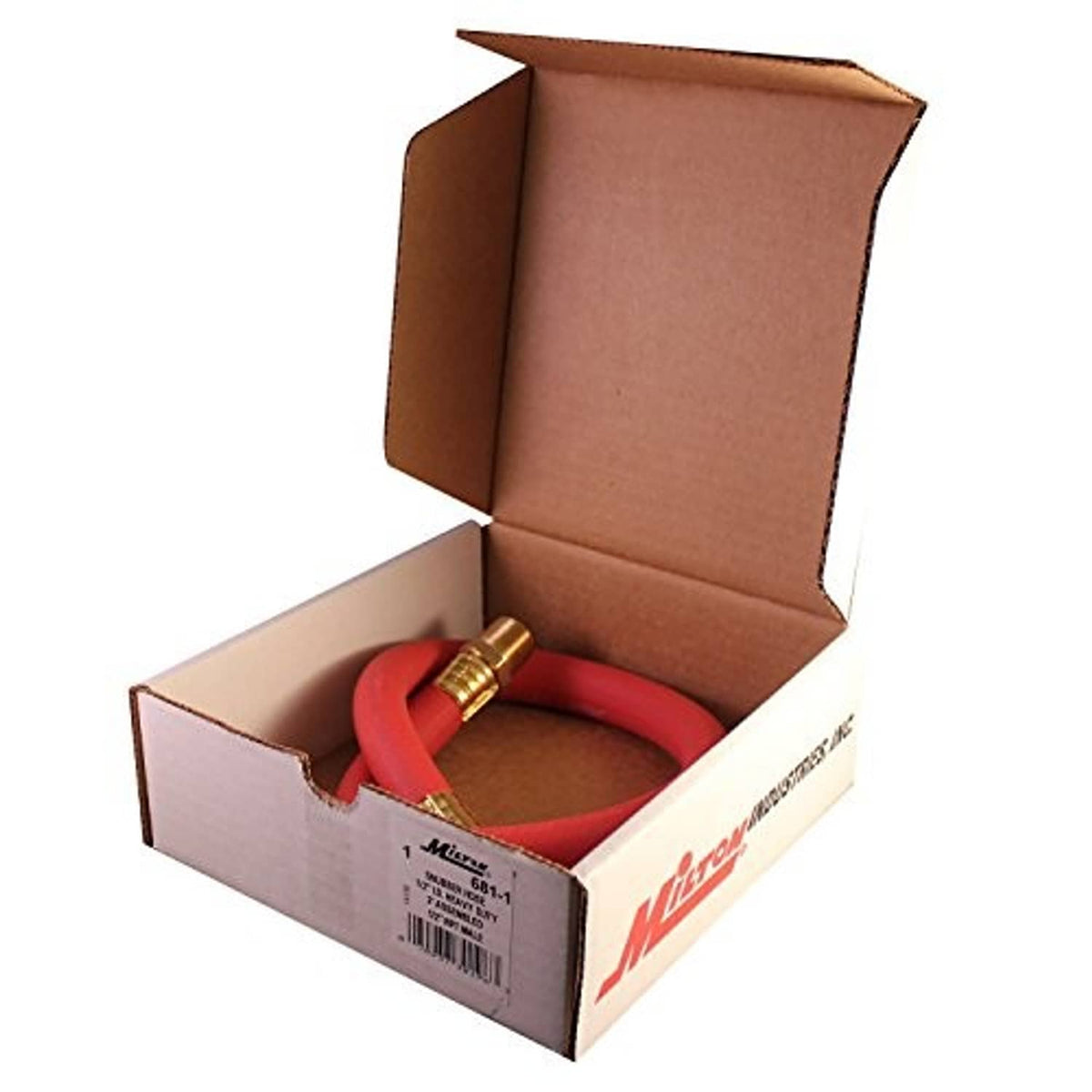 Red snubber nose air hose with brass fittings in open cardboard box