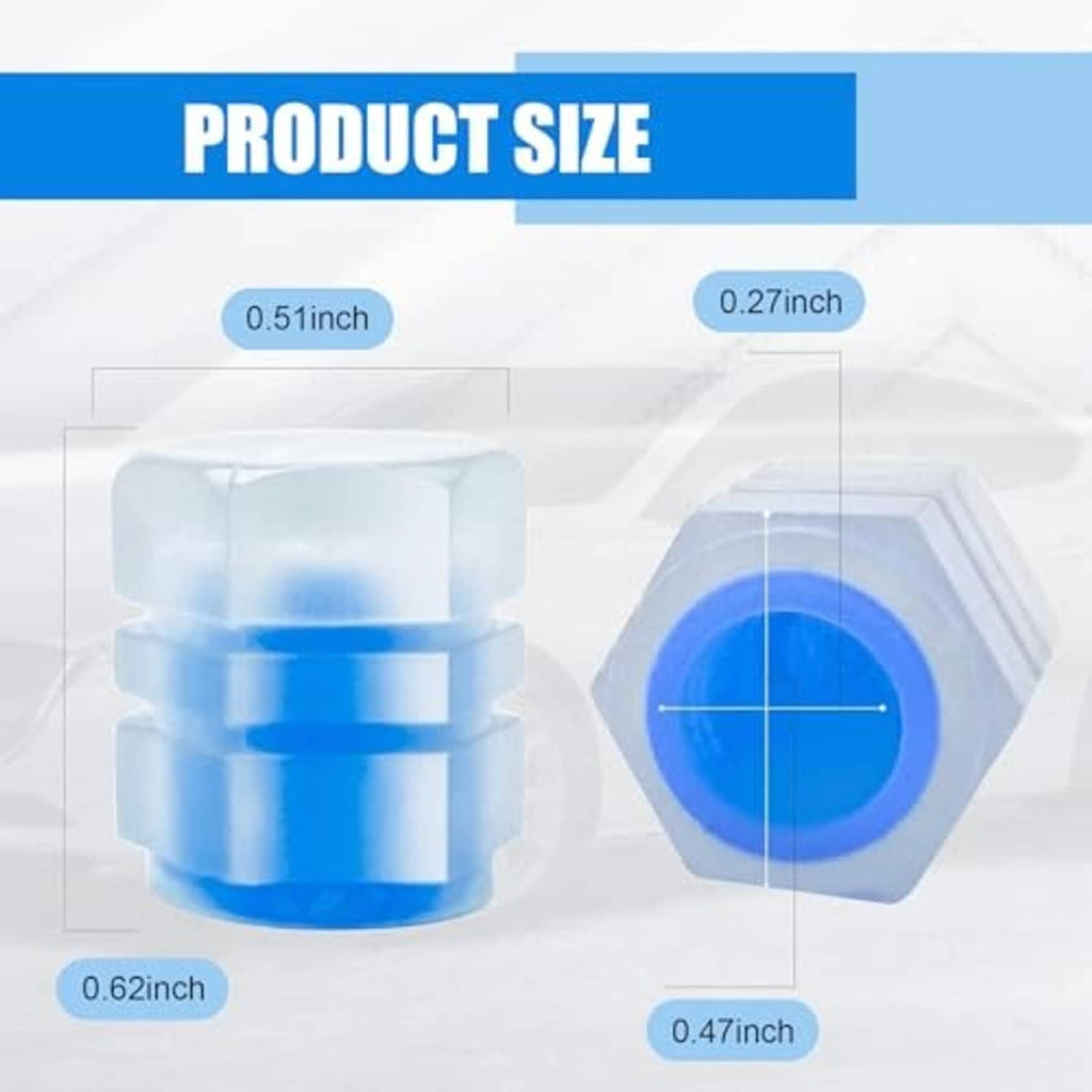 Blue glow tire valve cap with size labels for fit