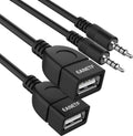 Two black USB-female ports on a Y-split cable with 3.5mm AUX male plugs