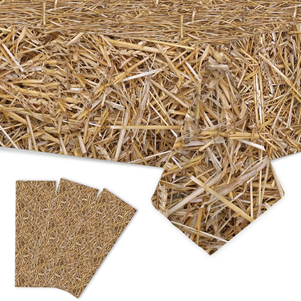 Brown straw table cover with woven hay texture; folded corner pieces shown