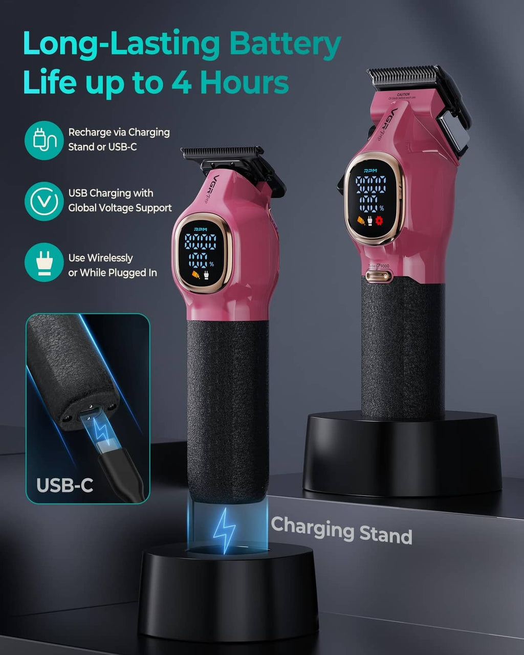 Pink hair clipper pair on a black charging stand with USB-C charging base
