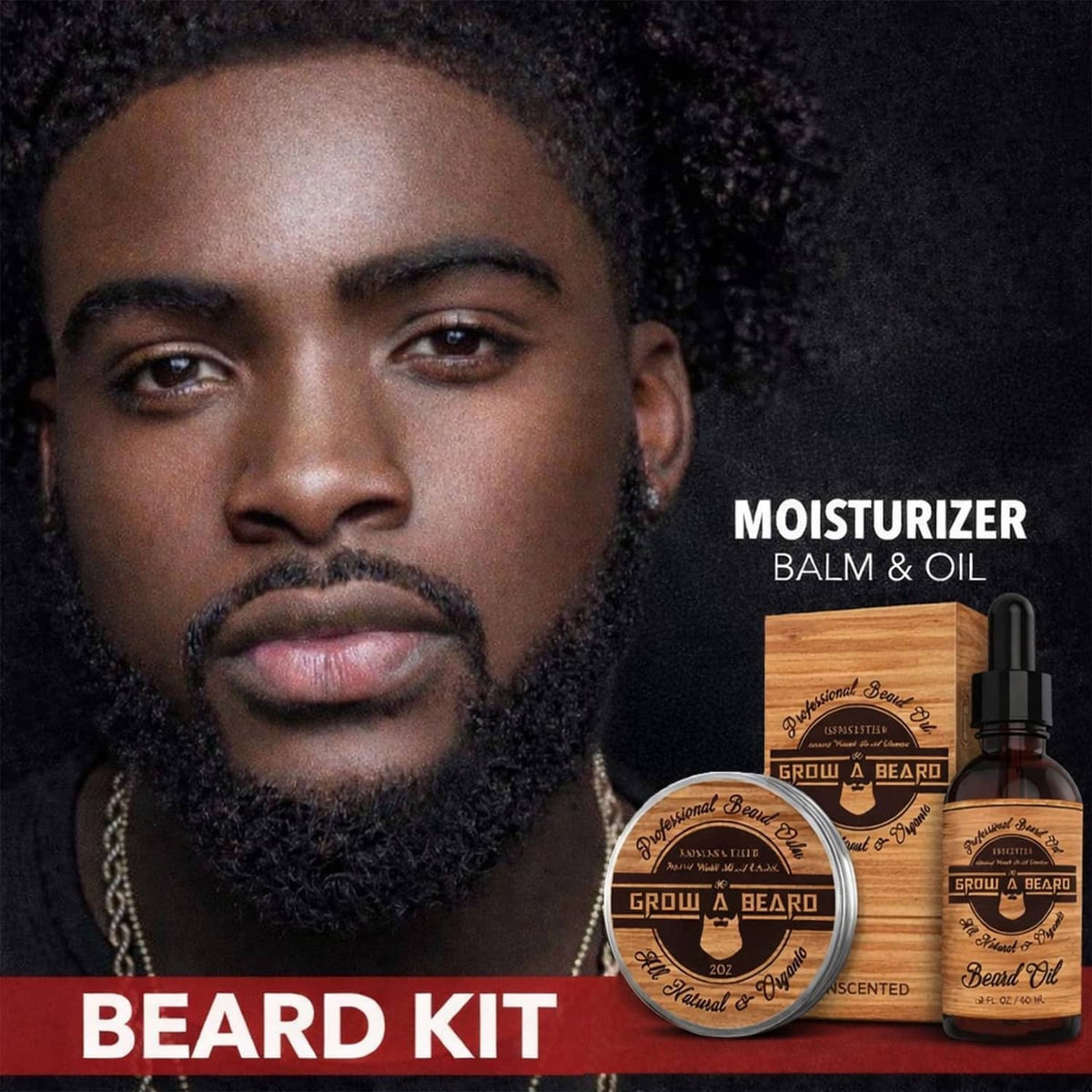 Beard kit includes balm and oil bottles with wooden lid jar
