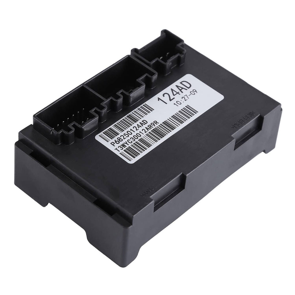 Black transfer case control module with top connector rail and barcode label