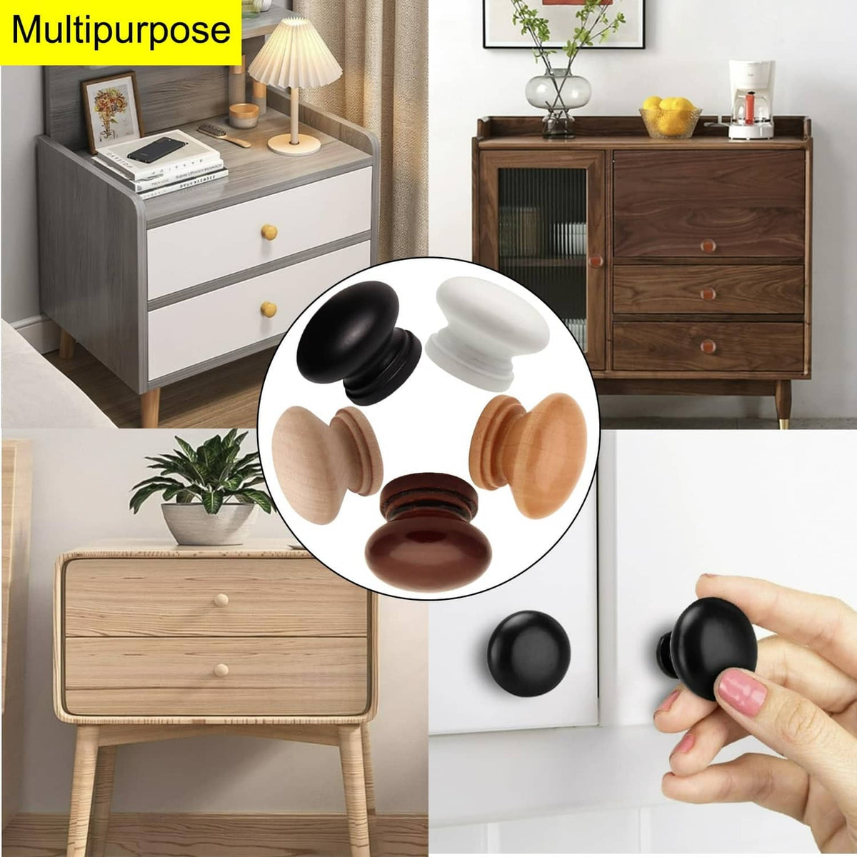 Brown mushroom wood dresser knobs on display circle, with metal screw posts shown