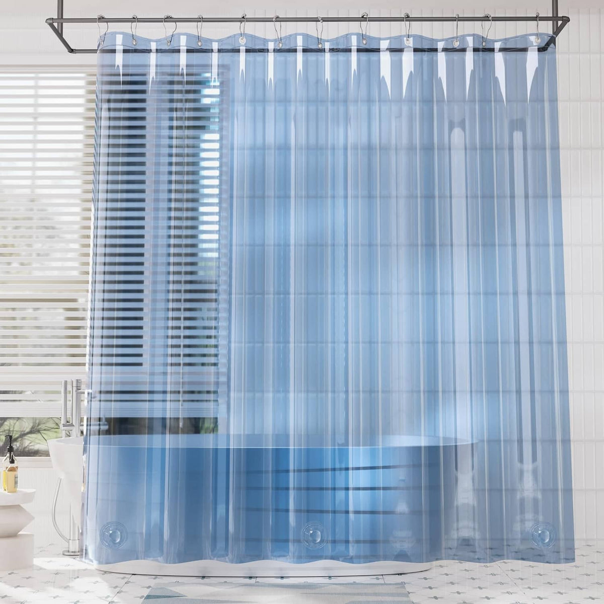 Blue translucent shower curtain panel with hanging grommets and vertical stripe pattern.