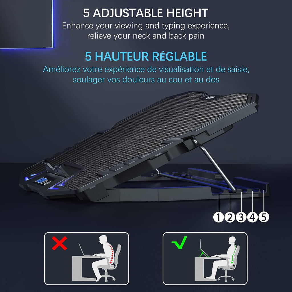 Black laptop cooling pad with 5 adjustable-height fans and fold-out support legs