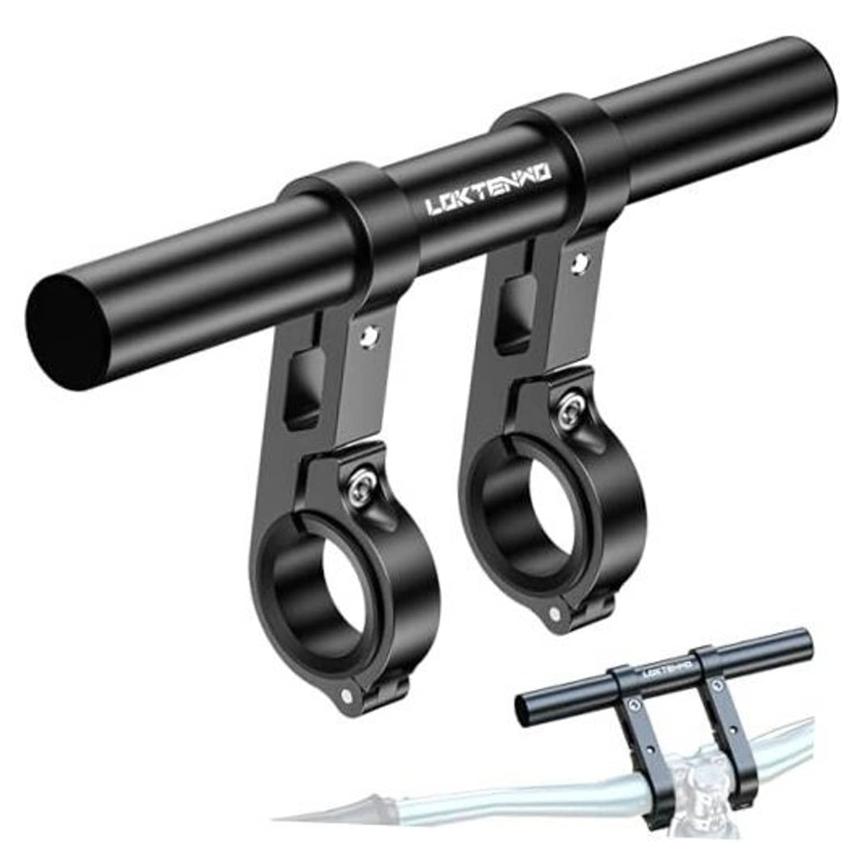 Black aluminum dual clamp bike handlebar extender with two circular mounting rings