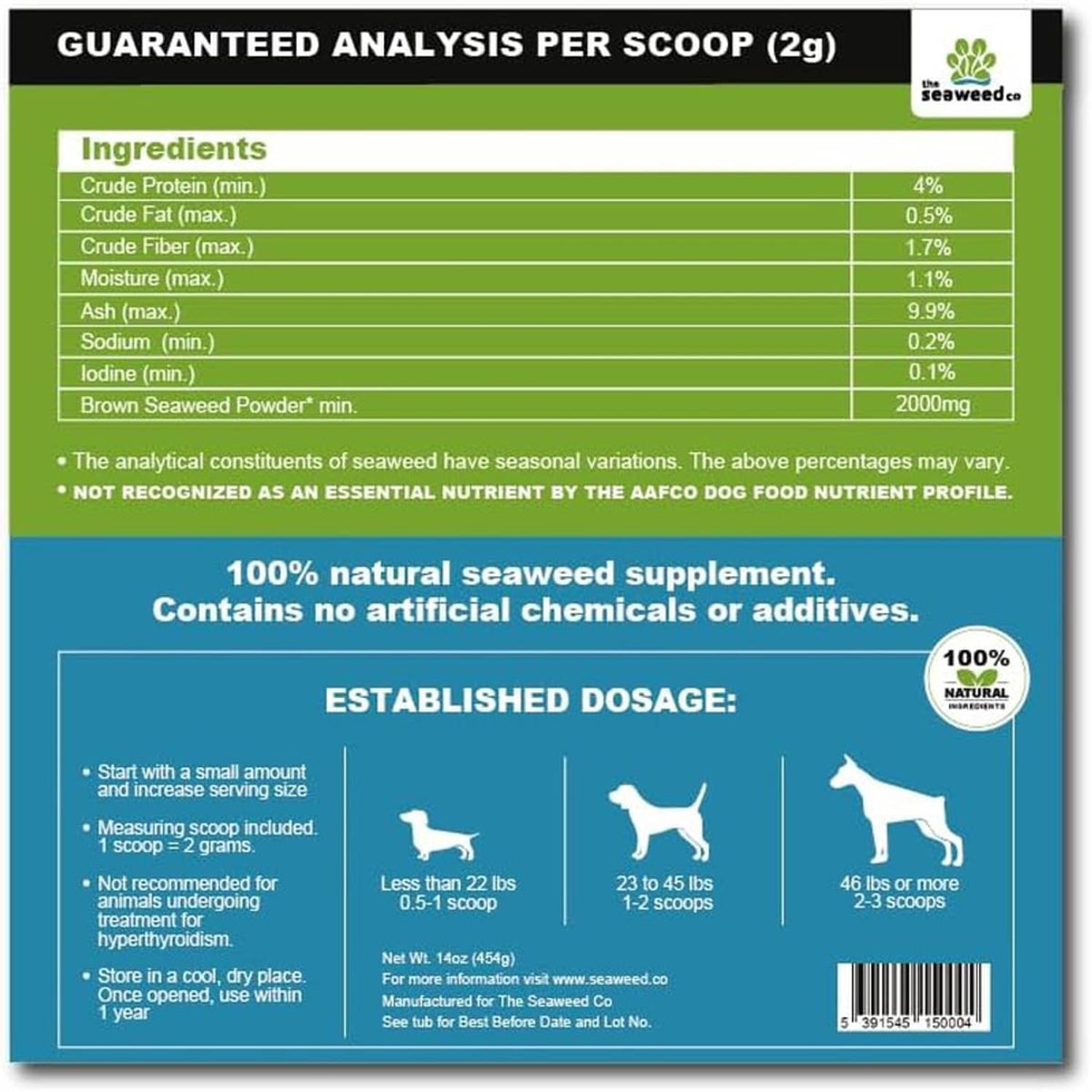 Dog supplement bag back label with ingredients and “100% natural seaweed”